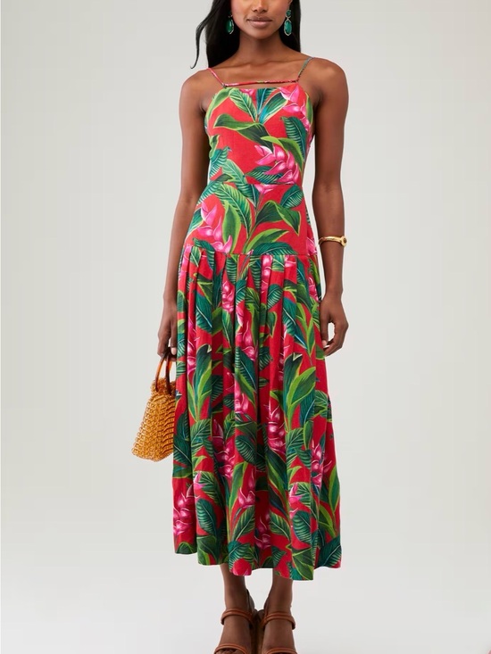 FARM Rio Dresses & Skirts - FARM Rio Red Tropical Maxi Dress with Green Leaf Print